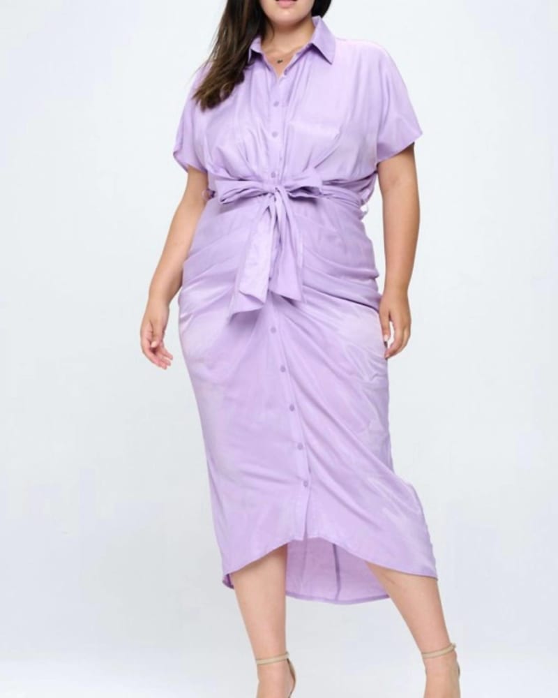 Front of a model wearing a size 2X Short Sleeve Button Down Midi Dress in Lavender in Lavender by Find Me Plus. | dia_product_style_image_id:337201